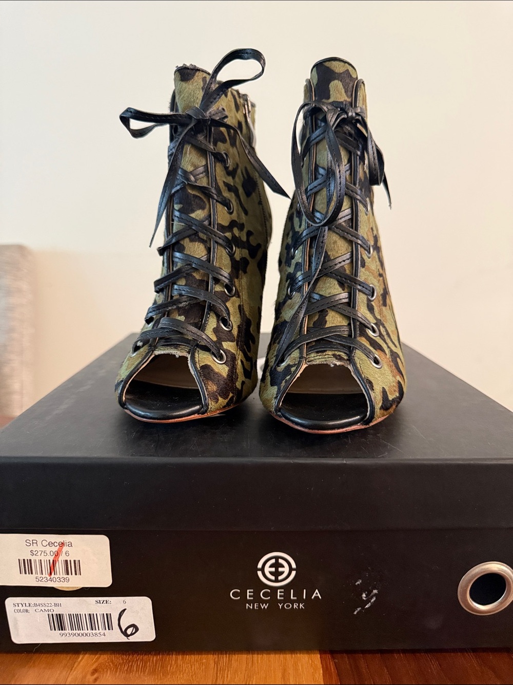 CECILIA NEW YORK Olive Camo Lace-Up Peep-Toe Booties